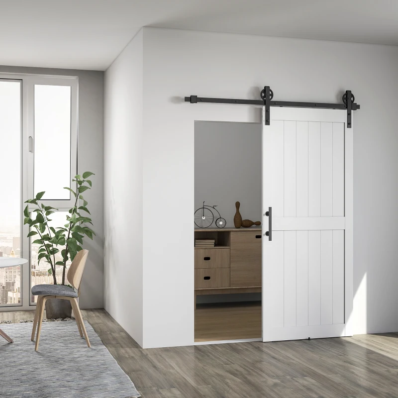 HOMCOM 36inx84in Barn Door with 6FT Sliding Door Hardware Kit, Handle, Upgraded Rollers and Floor Guide, Waterproof, White