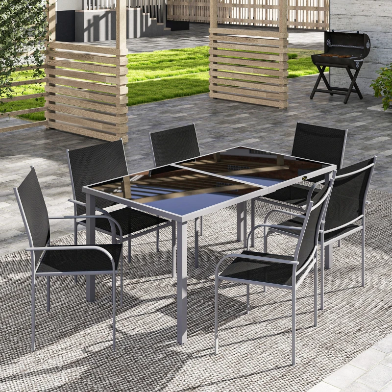 Outsunny 7 Piece Outdoor Patio Dining Set with Table and 6 Stackable Chairs, Steel Frame, Tempered Glass Top, Mesh Seats, Black