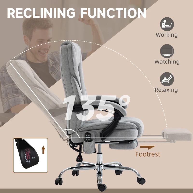 Vinsetto Massage Office Chair, Reclining Computer Chair with Adjustable Height and Footrest, Grey