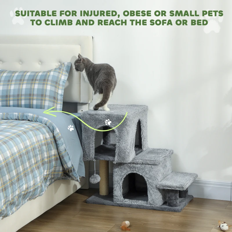PawHut 4-Step Pet Stairs, Adjustable Height Cat Stairs with Scratching Posts Cat Condo, Hanging Ball for High Bed, Grey