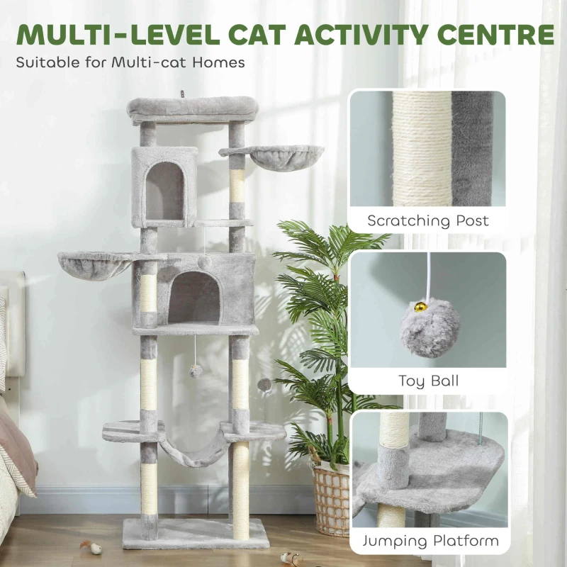 PawHut 69" Cat Tree, Multi-Level Cat Tower with 2 Condos, Plush Perch and Sisal Scratching Posts, Light Grey
