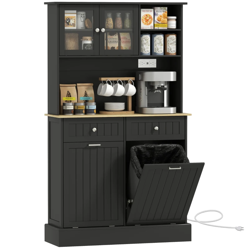 HOMCOM Kitchen Cabinet with Charging Station, 2 Tilt Out Cabinets, Microwave Stand, Freestanding Kitchen Pantry Cabinet, Black
