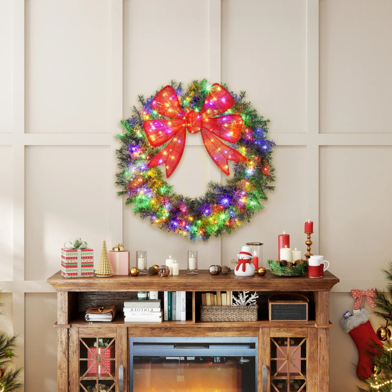 HOMCOM 36in Pre-Lit Christmas Wreath with 3D Red Bow, 11 Lighting Modes, Front Door Christmas Wreath with Remote