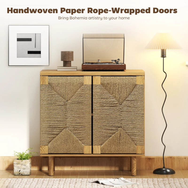 HOMCOM Handwoven Rope Accent Cabinet Boho Sideboard Buffet Cabinet with Push to Open Doors Adjustable Shelf Pine Wood Legs Oak