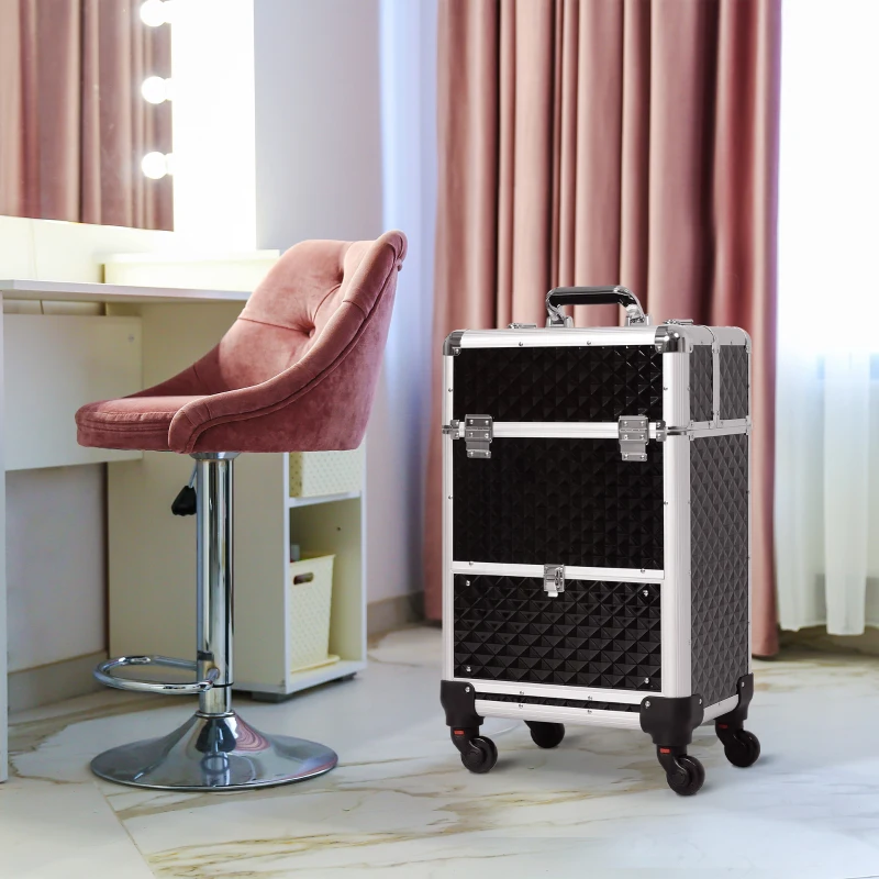 HOMCOM Portable Aluminum Makeup Train Cases, Rolling Makeup Case, Salon Beauty Cosmetic Jewelry Organizer Trolley with 4 Wheels, Black