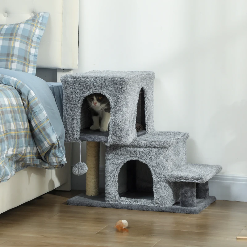 PawHut 4-Step Pet Stairs, Adjustable Height Cat Stairs with Scratching Posts Cat Condo, Hanging Ball for High Bed, Grey