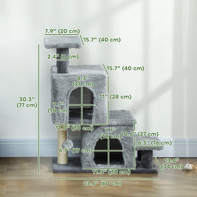 PawHut 4-Step Pet Stairs, Adjustable Height Cat Stairs with Scratching Posts Cat Condo, Hanging Ball for High Bed, Grey