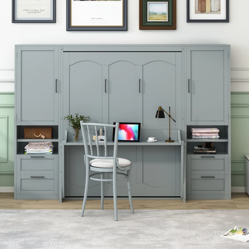 Modern Queen Size Murphy Bed with Closet, Drawers and Shelves, Space-saving Wall Bed with Integrated Storage, 114" L x 17" W x 87" H, Grey