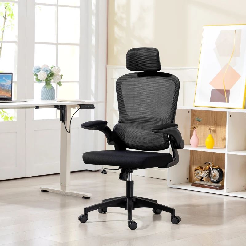 HOMCOM Ergonomic Mesh Office Chair, High Back Desk Chair with Rotatable Headrest, Flip-Up Armrests, Lumbar Support, Black