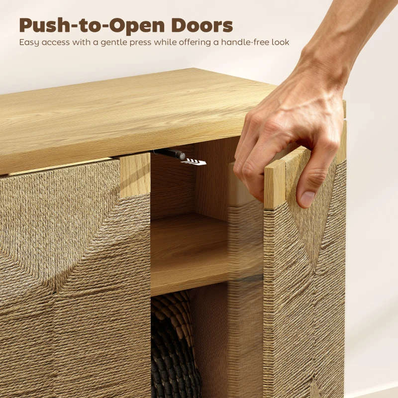 HOMCOM Handwoven Rope Accent Cabinet Boho Sideboard Buffet Cabinet with Push to Open Doors Adjustable Shelf Pine Wood Legs Oak