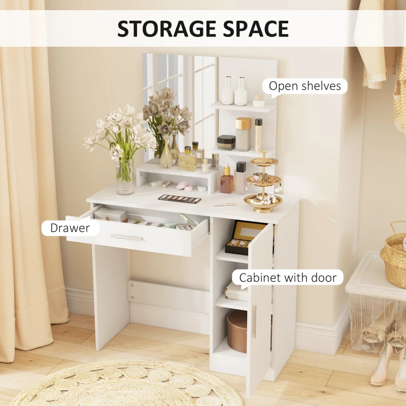 HOMCOM Vanity Desk with Mirror, Makeup Vanity w/ Drawer, Open Compartment and Shelves, Cabinet, Adjustable Shelves for Bedroom