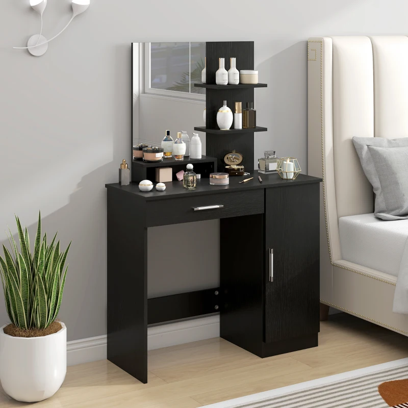 HOMCOM Vanity Desk with Mirror, Makeup Vanity w/ Drawer, Open Compartment and Shelves, Cabinet, Adjustable Shelves for Bedroom