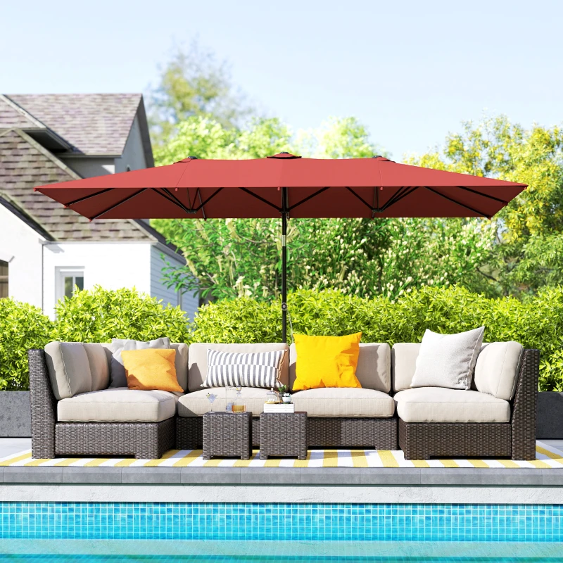 Outsunny Double-Sided Patio Umbrella Parasol with Tilt, Adjustable Height, Vents and 12 Ribs, for Garden, Deck, Pool, Wine Red