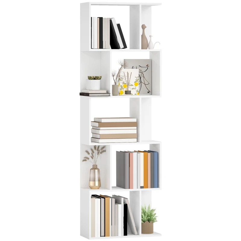 HOMCOM 5-Tier Geometric Bookshelf, S Shaped Bookcase, Modern Freestanding Display Shelf Unit for Home Office, White