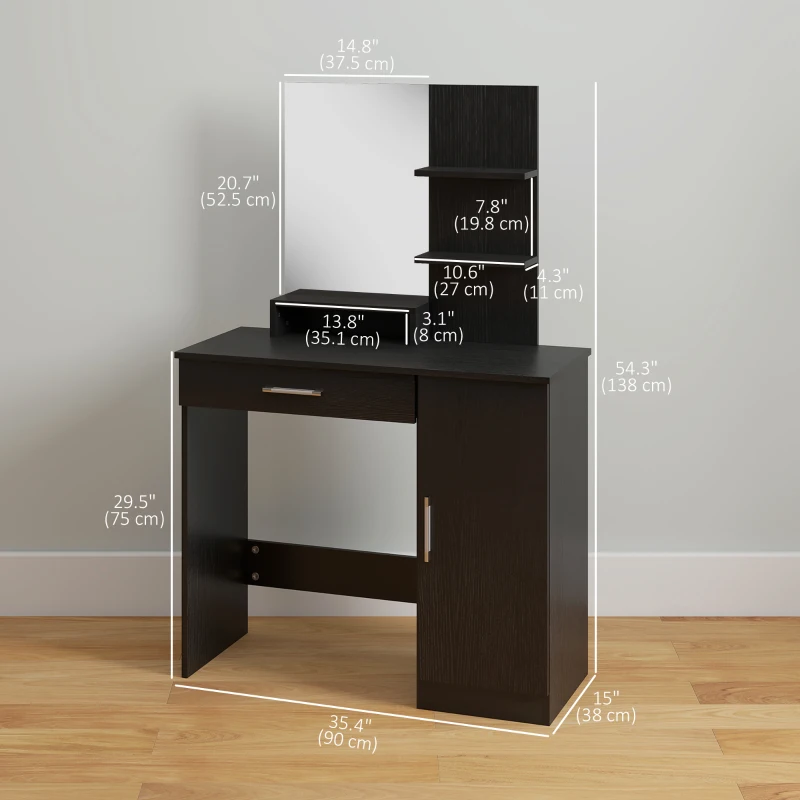 HOMCOM Vanity Desk with Mirror, Makeup Vanity w/ Drawer, Open Compartment and Shelves, Cabinet, Adjustable Shelves for Bedroom