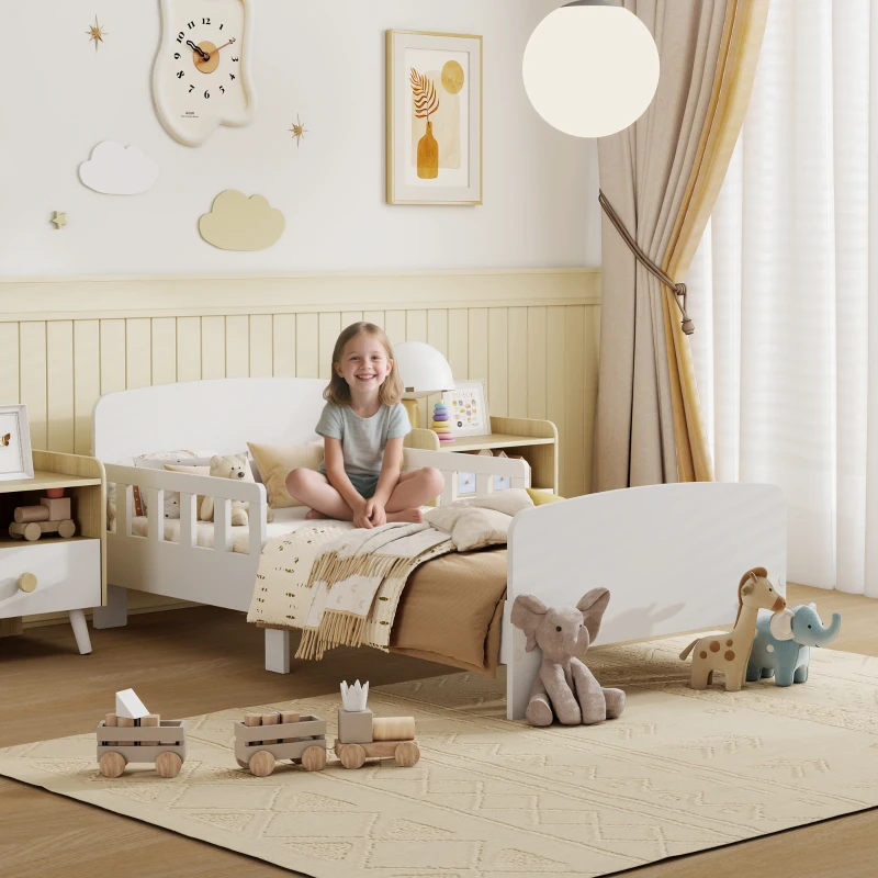 Qaba Toddler Bed, Kids Bed Frame with Safety Side Rails for Girls and Boys, Kids Bedroom Furniture for 3-8 Years, White