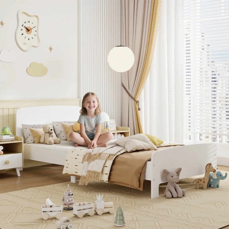 Qaba Toddler Bed, Kids Bed Frame for Girls and Boys, Kids Bedroom Furniture for 3-12 Years, White