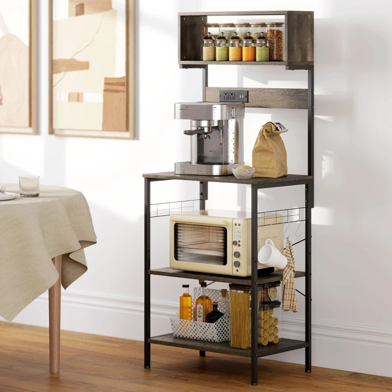 HOMCOM Baker's Rack with Charing Station, Microwave Shelf with Power Outlet, USB Charger and 5 Hooks, Distressed Grey