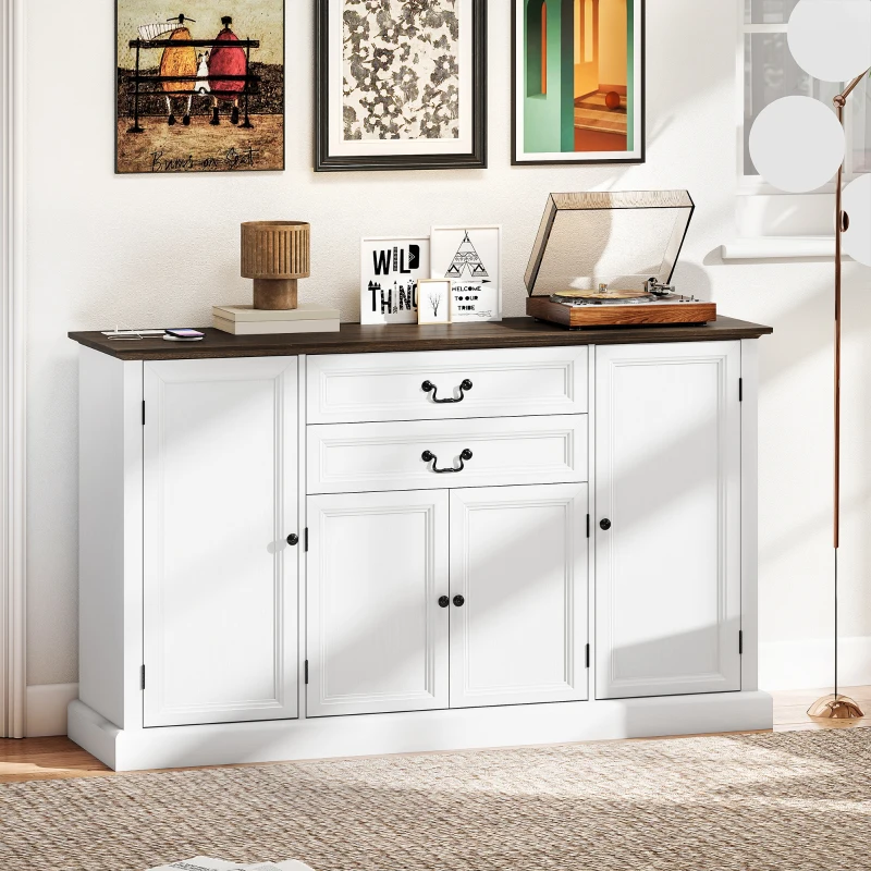 HOMCOM Farmhouse Sideboard with Charging Station and Thickened Top, 58" Buffet Cabinet with 2 Soft-Close Drawers, White