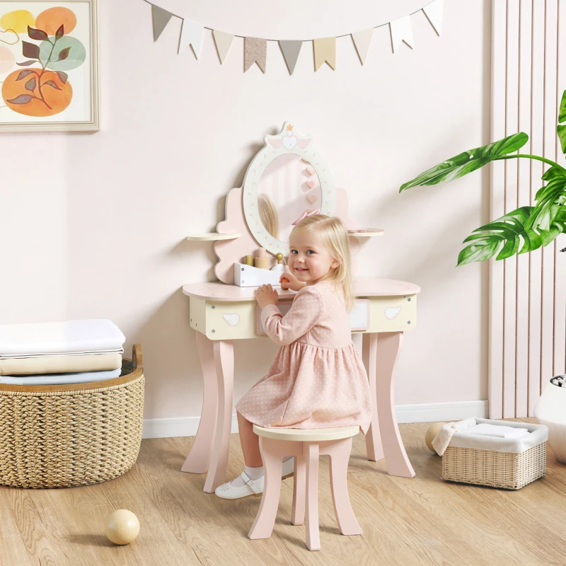 Qaba Kids Vanity Set, Girls Dressing Table with Mirror and Stool, 7 Accessories, Drawers, Desktop Storage, Pink