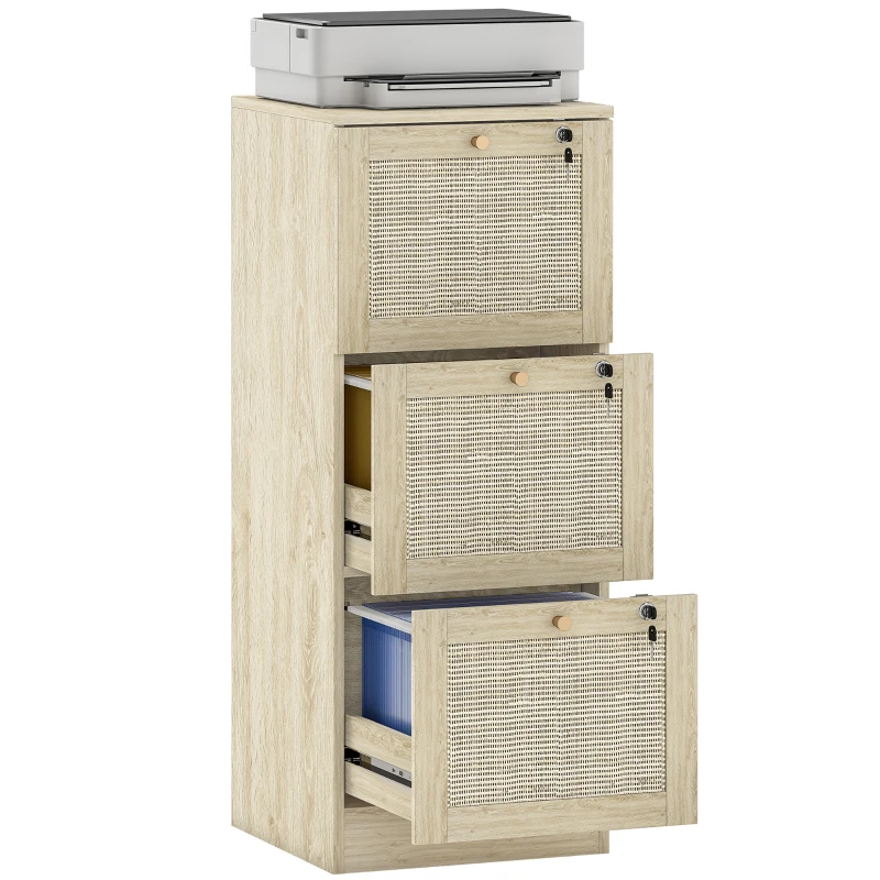 HOMCOM 3 Drawer Filing Cabinet with Lock, Boho File Cabinet for A4 Letter Size Files with Decorative Rattan Accents, Oak