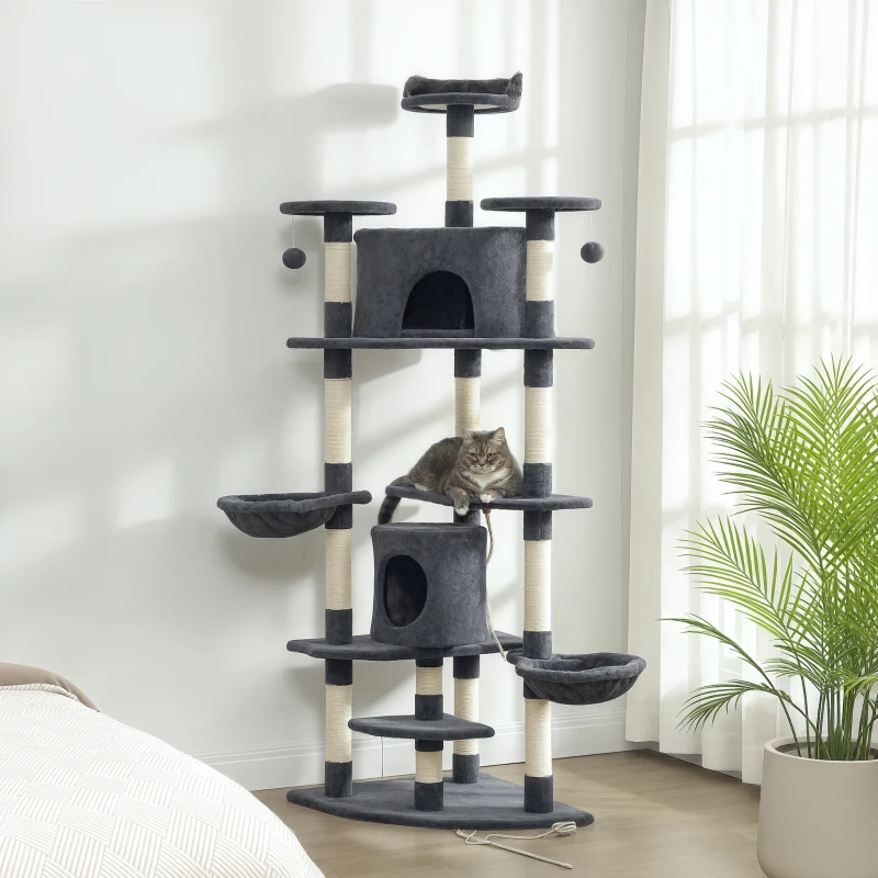 PawHut 79" Cat Tree with Two Condos, Kitty Tower with Scratching Posts, Two Hammocks, Perches, Interactive Toys, Dark Grey