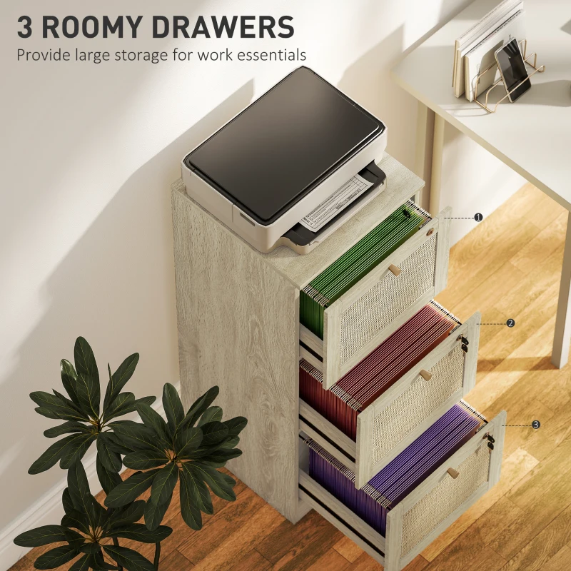 HOMCOM 3 Drawer Filing Cabinet with Lock, Boho File Cabinet for A4 Letter Size Files with Decorative Rattan Accents, Oak