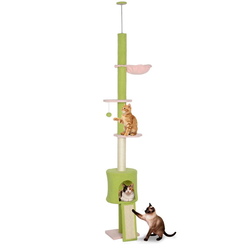PawHut 87"-94.5" Floor to Ceiling Cat Tree with Sisal Scratching Post, Condo, Hammock, Ramp, Perches, Green