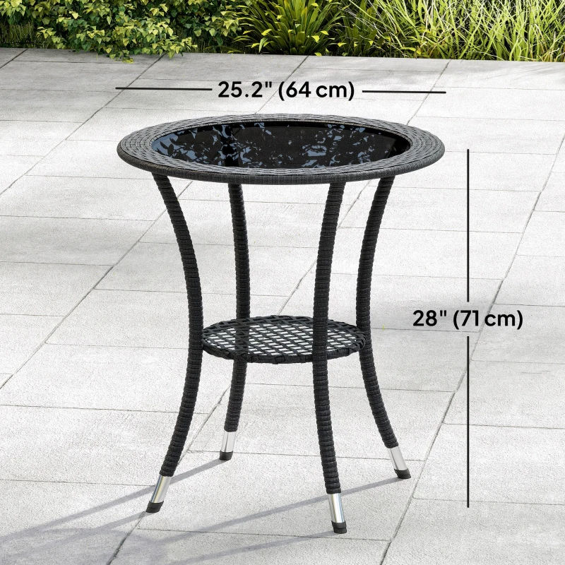 Outsunny Outdoor Rattan Dining Table, Patio Wicker Round Coffee Table with 2-Tier Storage Shelf, Black