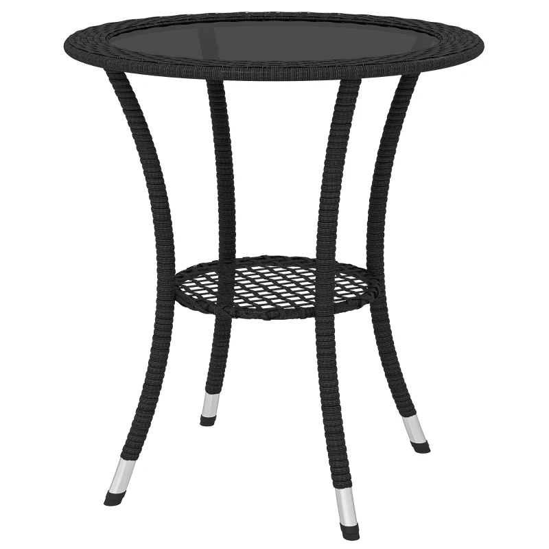 Outsunny Outdoor Rattan Dining Table, Patio Wicker Round Coffee Table with 2-Tier Storage Shelf, Black