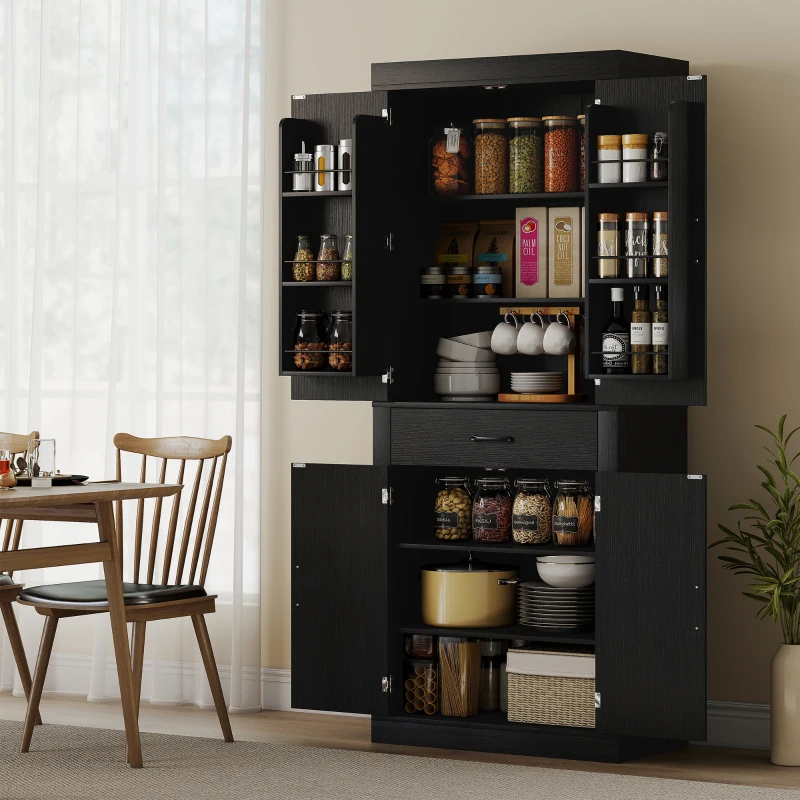 HOMCOM 72" Kitchen Pantry Cabinet, Farmhouse Kitchen Storage Cabinet with 4 Barn Doors, 6 Door Shelves, Drawer, Black