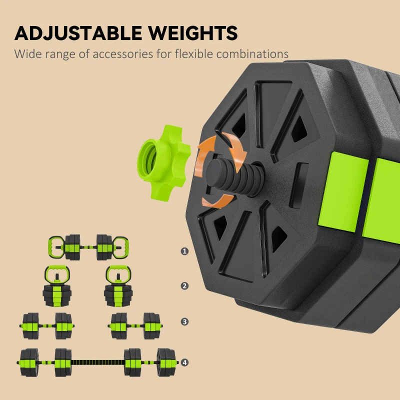 Soozier 4-in-1 Adjustable Dumbbell Set, Used as Kettlebell, Barbell, Dumbbell, Push-Up Stand, 66lbs Free Weights Set, Green