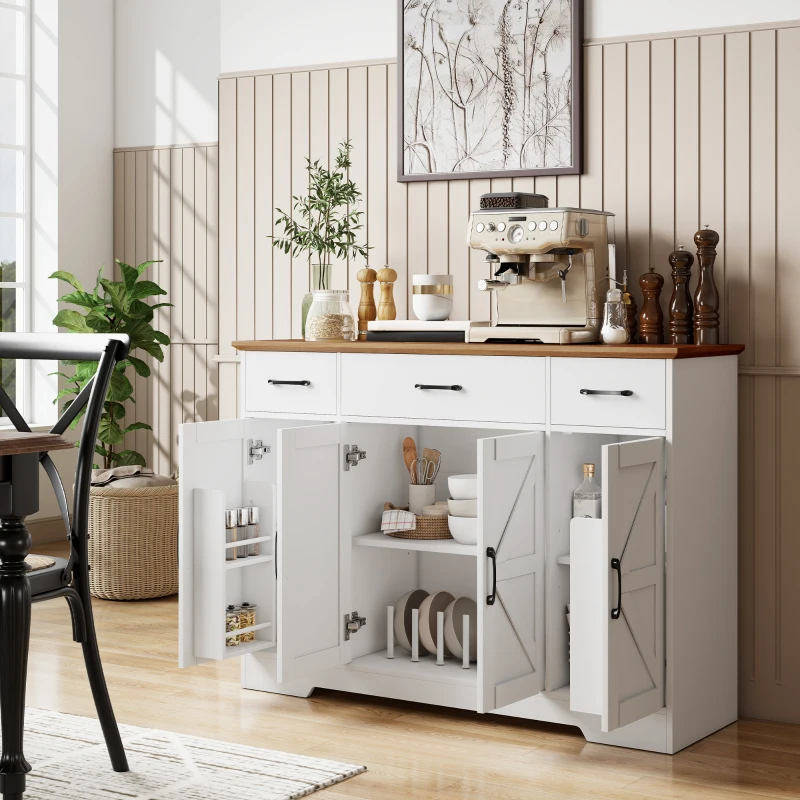 HOMCOM 47" Buffet Cabinet with Soft-Close Hinges, Farmhouse Sideboard with 3 Drawers, Adjustable Shelves and Spice Racks, White