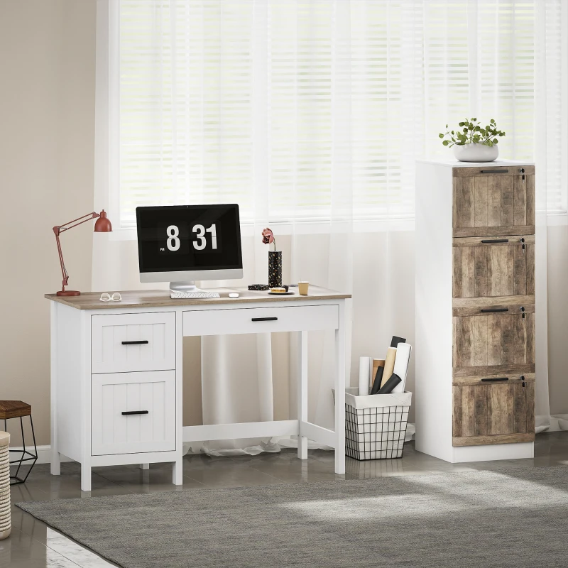 HOMCOM 4 Drawer Filing Cabinet, Farmhouse File Cabinet with Lock, Adjustable Hanging Rails for A4 Letter Size Files, White