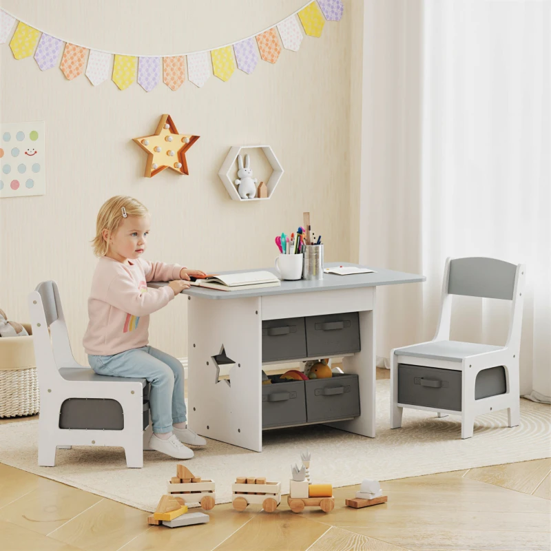 Qaba 3 Piece Kids Table and Chair Set with 6 Removable Drawers, for Classroom, Living Room, Bedroom, Nursery, Light Grey
