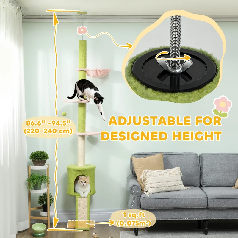 PawHut 87"-94.5" Floor to Ceiling Cat Tree with Sisal Scratching Post, Condo, Hammock, Ramp, Perches, Green