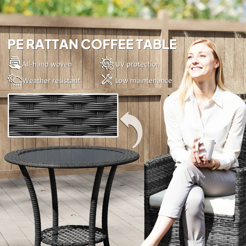 Outsunny Outdoor Rattan Dining Table, Patio Wicker Round Coffee Table with 2-Tier Storage Shelf, Black