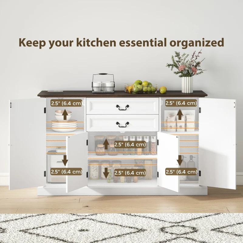 HOMCOM Farmhouse Sideboard with Charging Station and Thickened Top, 58" Buffet Cabinet with 2 Soft-Close Drawers, White
