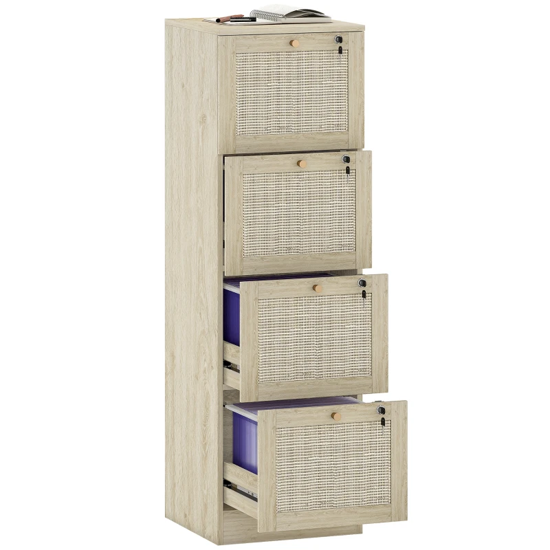 HOMCOM 4 Drawer Filing Cabinet with Lock, Boho File Cabinet for A4 Letter Size Files with Decorative Rattan Accents, Oak