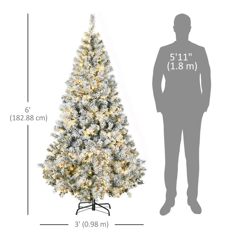 HOMCOM 6ft Artificial Prelit Christmas Tree with Warm White LED Light, Snow Flocked Branches, Metal Base, Xmas Tree