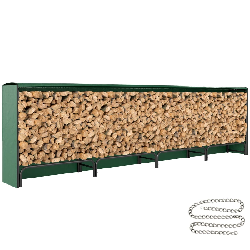 Outsunny Firewood Rack with Waterproof Cover, 500 kg Log Storage Holder with Steel Chains, 142" x 14" x 39", Dark Green