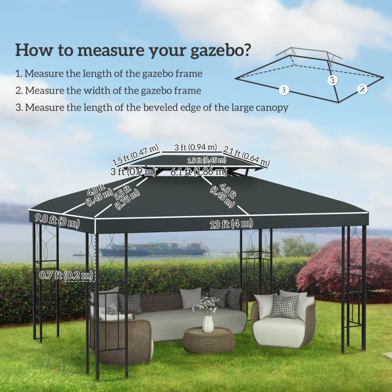 Outsunny 13' x 10' Gazebo Replacement Canopy 2 Tier Top UV Cover Pavilion Garden Patio Outdoor, Grey (TOP ONLY)