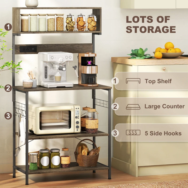 HOMCOM Baker's Rack with Charing Station, Microwave Shelf with Power Outlet, USB Charger and 5 Hooks, Distressed Grey
