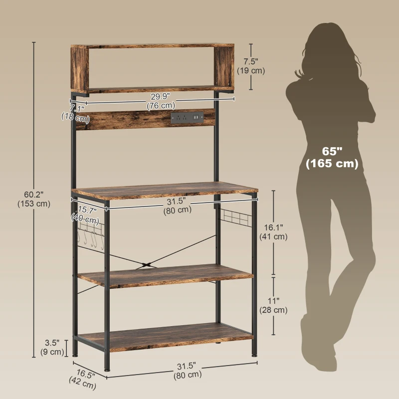 HOMCOM Baker's Rack with Charing Station, Microwave Shelf with Power Outlet, USB Charger and 5 Hooks, Rustic Brown