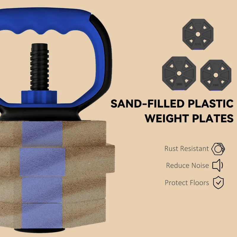 Soozier 4-in-1 Adjustable Dumbbell Set, Used as Kettlebell, Barbell, Dumbbell, Push-Up Stand, 44lbs Free Weights Set, Blue