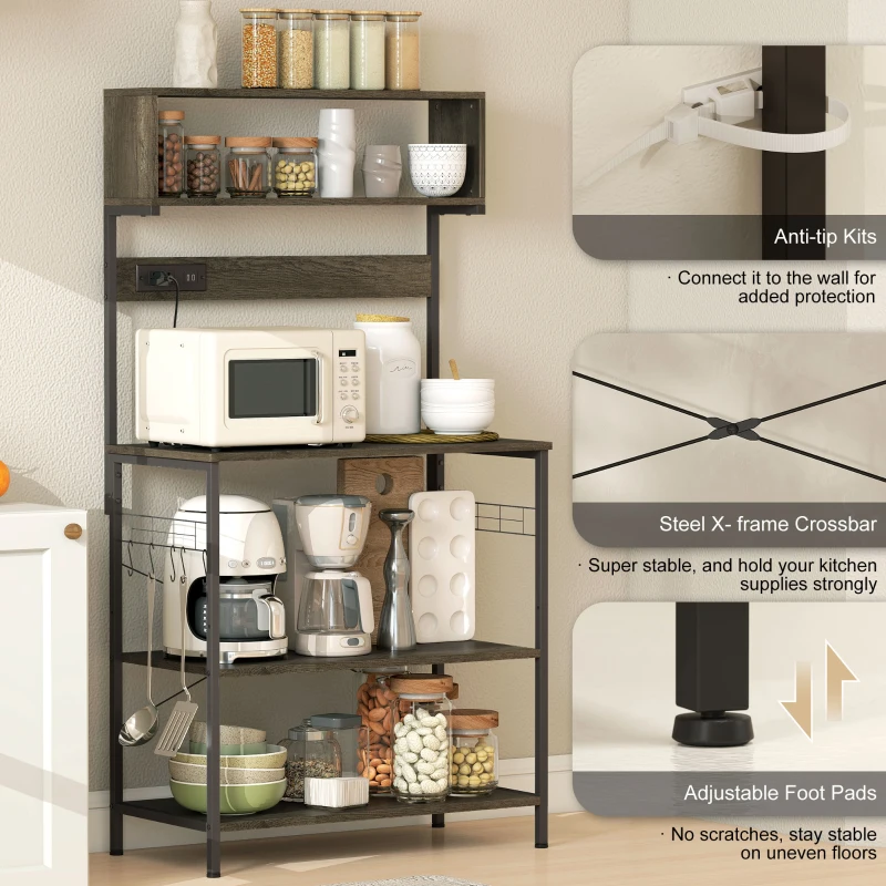 HOMCOM Baker's Rack with Charing Station, Microwave Shelf with Power Outlet, USB Charger and 5 Hooks, Distressed Grey