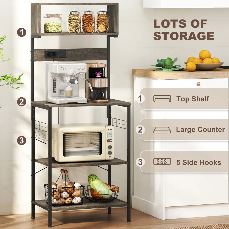 HOMCOM Baker's Rack with Charing Station, Microwave Shelf with Power Outlet, USB Charger and 5 Hooks, Distressed Grey