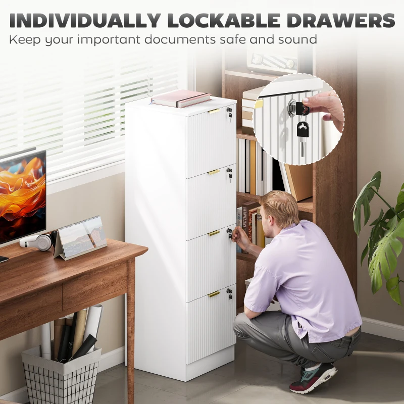 HOMCOM Lockable Filing Cabinet with 4 Fluted Drawers, File Cabinet with Adjustable Hanging Rails for A4 Letter Files, White