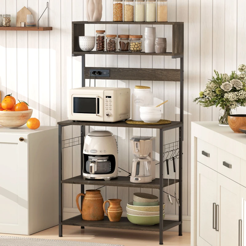 HOMCOM Baker's Rack with Charing Station, Microwave Shelf with Power Outlet, USB Charger and 5 Hooks, Distressed Grey