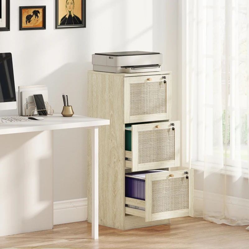 HOMCOM 3 Drawer Filing Cabinet with Lock, Boho File Cabinet for A4 Letter Size Files with Decorative Rattan Accents, Oak